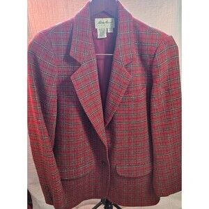 Eddie Bauer Womens 100% Wool Red Plaid Blazer Suit Jacket Profesional Officesz s